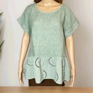 Terzo Millennio Italy 100% Linen Woman’s Sage Green Eyelet Top Shirt Size Small